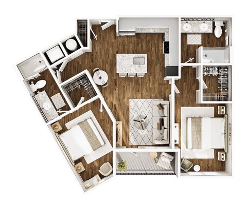 Floor plan for 2 beds, 2 baths, 1069 sqft